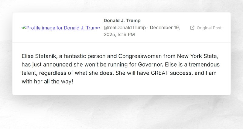 Donald J. Trump: "Elise Stefanik, a fantastic person and Congresswoman from New York State, ha...