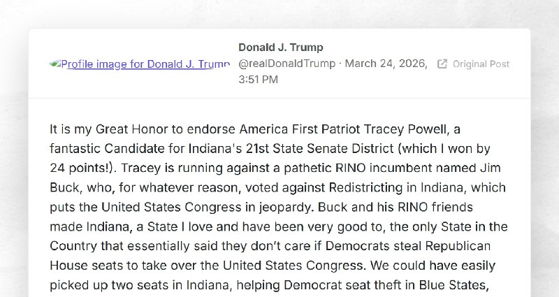 Donald J. Trump: "It is my Great Honor to endorse America First Patriot Tracey Powell, a fanta...