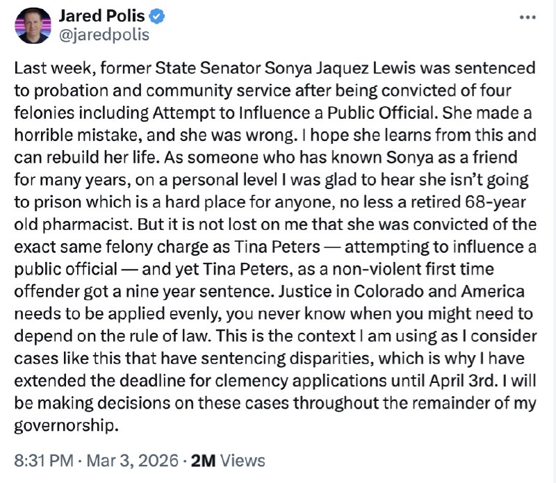 So unfair to Tina Peters — 9 years vs. ZERO! President DJT2026-05-29 18:08 UTCLink