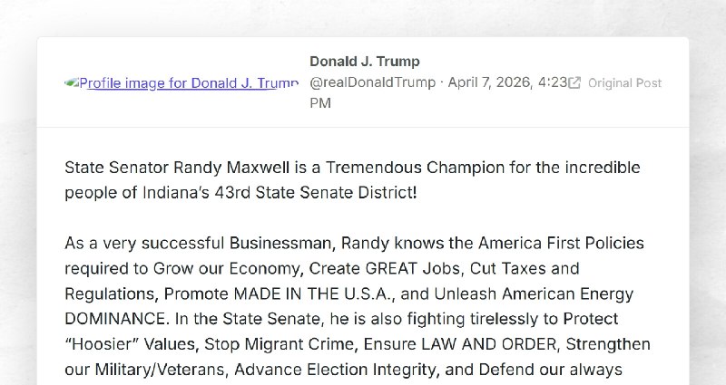 Donald J. Trump: "State Senator Randy Maxwell is a Tremendous Champion for the incredible peop...