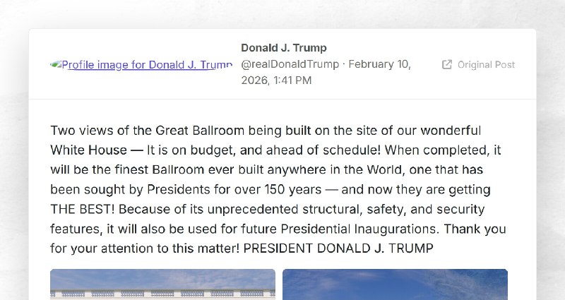 Donald J. Trump: "Two views of the Great Ballroom being built on the site of our wonderful Whi...