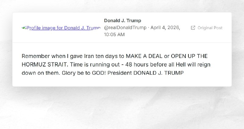 Donald J. Trump: "Remember when I gave Iran ten days to MAKE A DEAL or OPEN UP THE HORMUZ STRA...