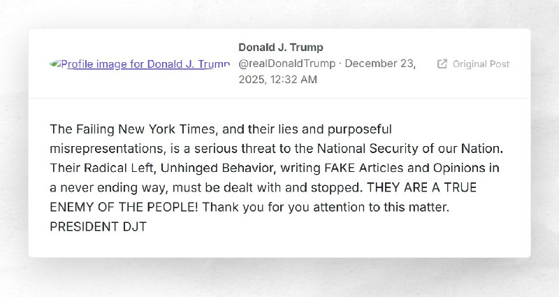 Donald J. Trump: "The Failing New York Times, and their lies and purposeful misrepresentations...