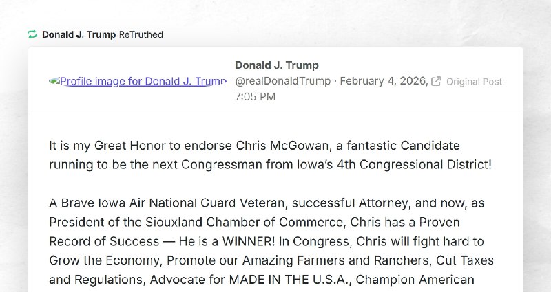 Donald J. Trump: "RT @realDonaldTrumpIt is my Great Honor to endorse Chris McGowan, a fantasti...