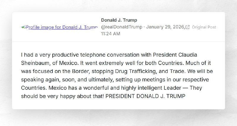 Donald J. Trump: "I had a very productive telephone conversation with President Claudia Sheinb...