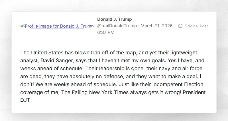 Donald J. Trump: "The United States has blown Iran off of the map, and yet their lightweight a...