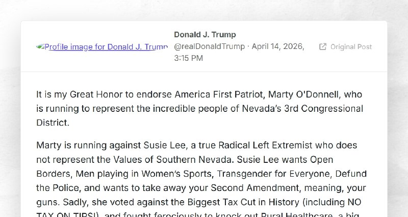 Donald J. Trump: "It is my Great Honor to endorse America First Patriot, Marty O'Donnell, who ...