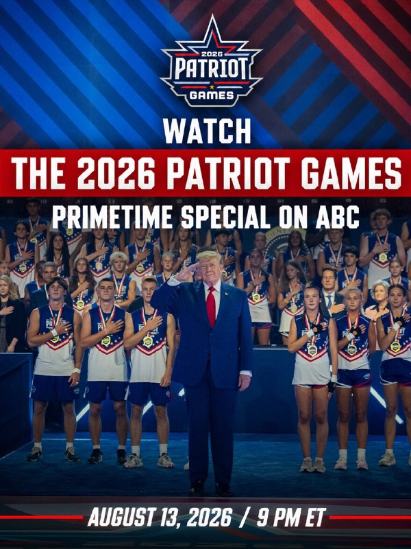 Tonight at 9 PM ET, on ABC News, I will be hosting “The Patriot Games,” an Athletic Competition featuring many great young people from across the Country, all of whom participated in the celebration of our Nation’s 250th Birthday! It is my Great Honor to host the Final Games, and cheer on these very special young American Athletes. TUNE IN! President DONALD J. TRUMP2026-08-14 00:01 UTCLink