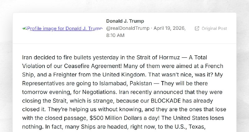 Donald J. Trump: "Iran decided to fire bullets yesterday in the Strait of Hormuz — A Total Vio...