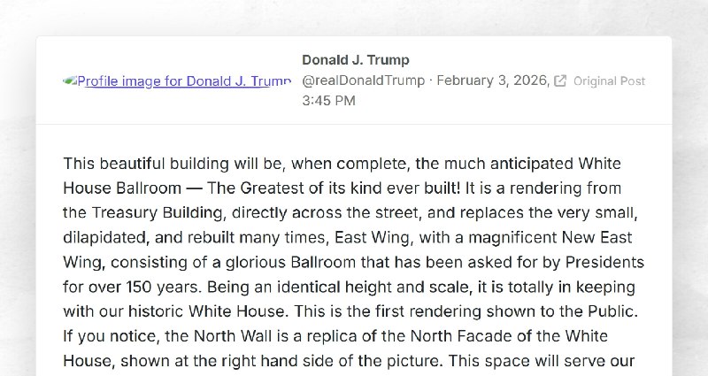 Donald J. Trump: "This beautiful building will be, when complete, the much anticipated White H...