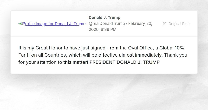Donald J. Trump: "It is my Great Honor to have just signed, from the Oval Office, a Global 10%...