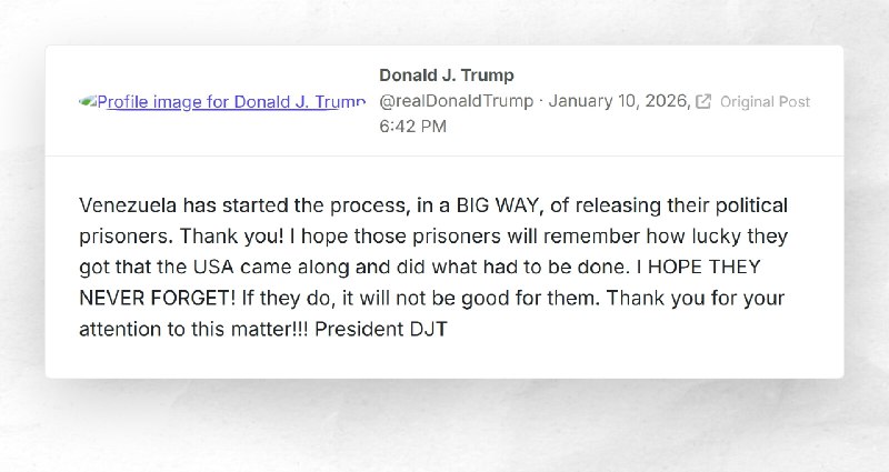 Donald J. Trump: "Venezuela has started the process, in a BIG WAY, of releasing their politica...