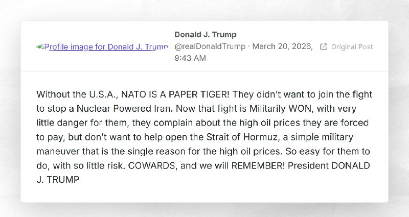 Donald J. Trump: "Without the U.S.A., NATO IS A PAPER TIGER! They didn’t want to join the figh...