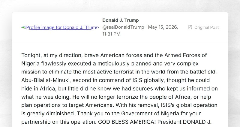 Donald J. Trump: "Tonight, at my direction, brave American forces and the Armed Forces of Nige...