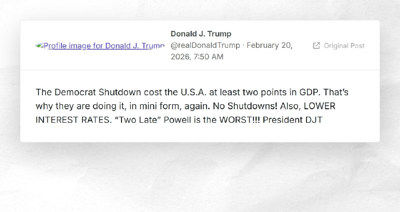 Donald J. Trump: "The Democrat Shutdown cost the U.S.A. at least two points in GDP. That’s why...