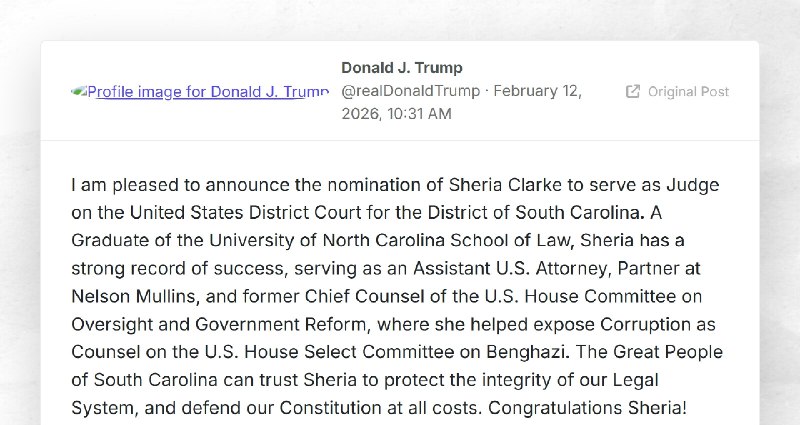 Donald J. Trump: "I am pleased to announce the nomination of Sheria Clarke to serve as Judge o...