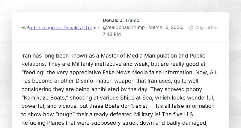 Donald J. Trump: "Iran has long been known as a Master of Media Manipulation and Public Relati...