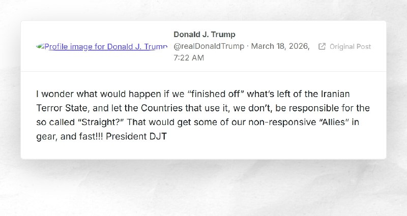 Donald J. Trump: "I wonder what would happen if we “finished off” what’s left of the Iranian T...