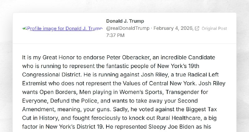 Donald J. Trump: "It is my Great Honor to endorse Peter Oberacker, an incredible Candidate who...
