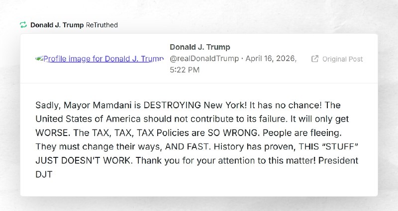 Donald J. Trump: "RT @realDonaldTrumpSadly, Mayor Mamdani is DESTROYING New York! It has no ch...