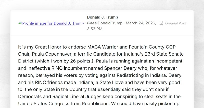 Donald J. Trump: "It is my Great Honor to endorse MAGA Warrior and Fountain County GOP Chair, ...