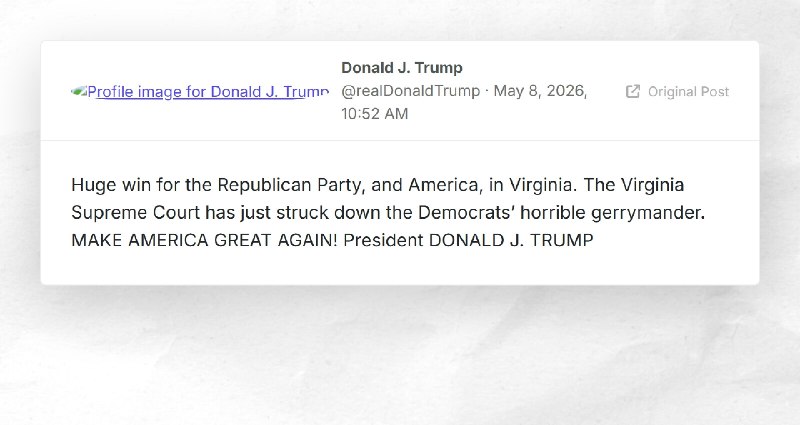 Donald J. Trump: "Huge win for the Republican Party, and America, in Virginia. The Virginia Su...
