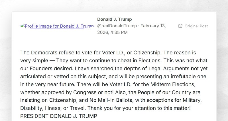 Donald J. Trump: "The Democrats refuse to vote for Voter I.D., or Citizenship. The reason is v...