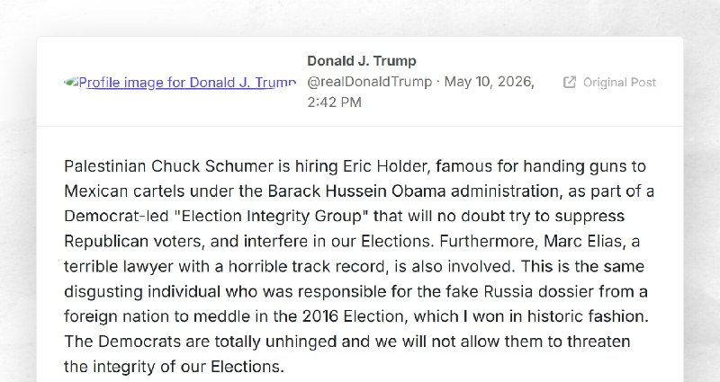 Donald J. Trump: "Palestinian Chuck Schumer is hiring Eric Holder, famous for handing guns to ...