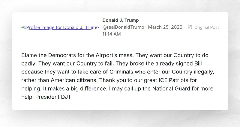 Donald J. Trump: "Blame the Democrats for the Airport’s mess. They want our Country to do badl...