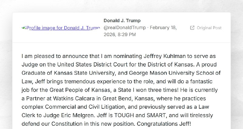 Donald J. Trump: "I am pleased to announce that I am nominating Jeffrey Kuhlman to serve as Ju...