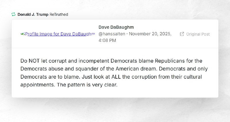 Donald J. Trump: "RT @hanssaltenDo NOT let corrupt and incompetent Democrats blame Republicans...