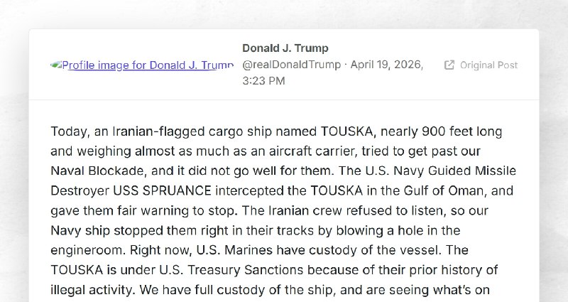 Donald J. Trump: "Today, an Iranian-flagged cargo ship named TOUSKA, nearly 900 feet long and ...