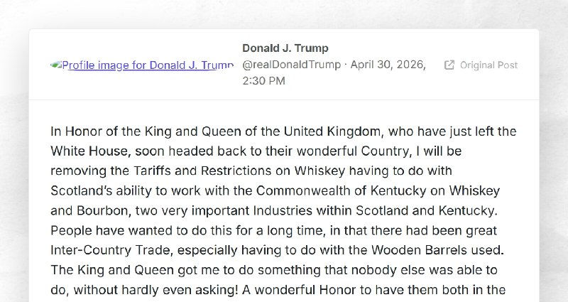 Donald J. Trump: "In Honor of the King and Queen of the United Kingdom, who have just left the...
