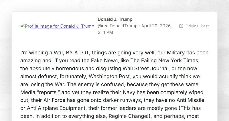 Donald J. Trump: "I’m winning a War, BY A LOT, things are going very well, our Military has be...