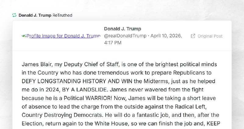 Donald J. Trump: "RT @realDonaldTrumpJames Blair, my Deputy Chief of Staff, is one of the brig...