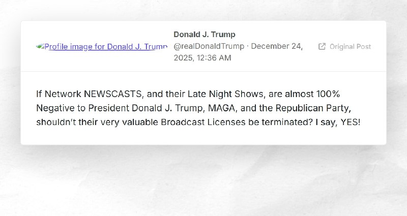 Donald J. Trump: "If Network NEWSCASTS, and their Late Night Shows, are almost 100% Negative t...