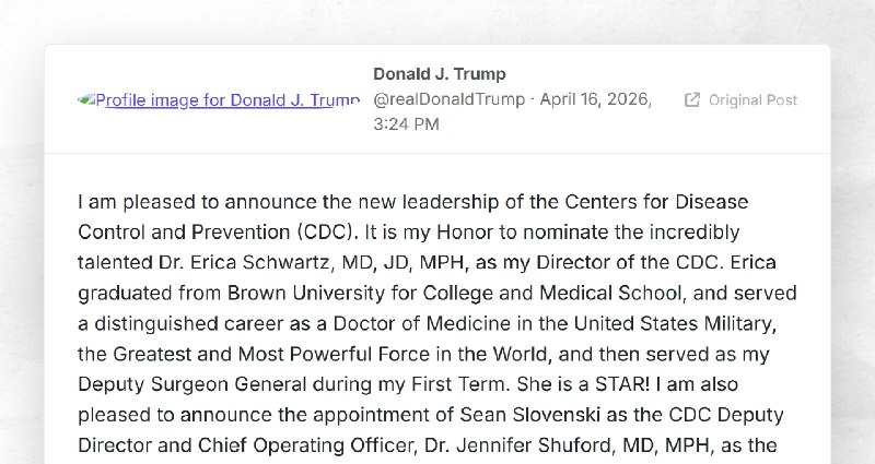 Donald J. Trump: "I am pleased to announce the new leadership of the Centers for Disease Contr...