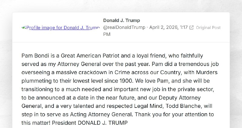 Donald J. Trump: "Pam Bondi is a Great American Patriot and a loyal friend, who faithfully ser...