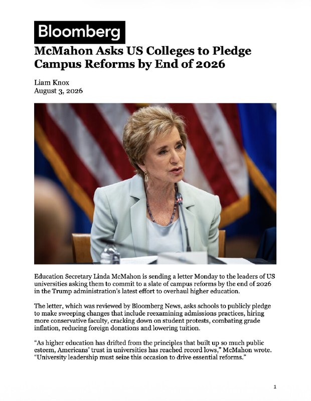 McMahon Asks US Colleges to Pledge Campus Reforms by End of 2026: 