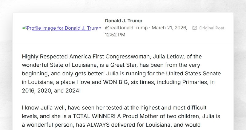 Donald J. Trump: "Highly Respected America First Congresswoman, Julia Letlow, of the wonderful...