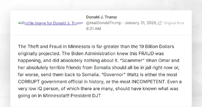 Donald J. Trump: "The Theft and Fraud in Minnesota is far greater than the 19 Billion Dollars ...
