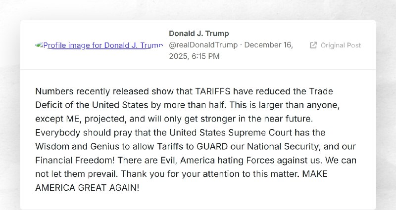 Donald J. Trump: "Numbers recently released show that TARIFFS have reduced the Trade Deficit o...