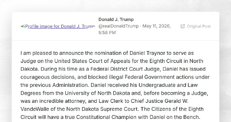 Donald J. Trump: "I am pleased to announce the nomination of Daniel Traynor to serve as Judge ...