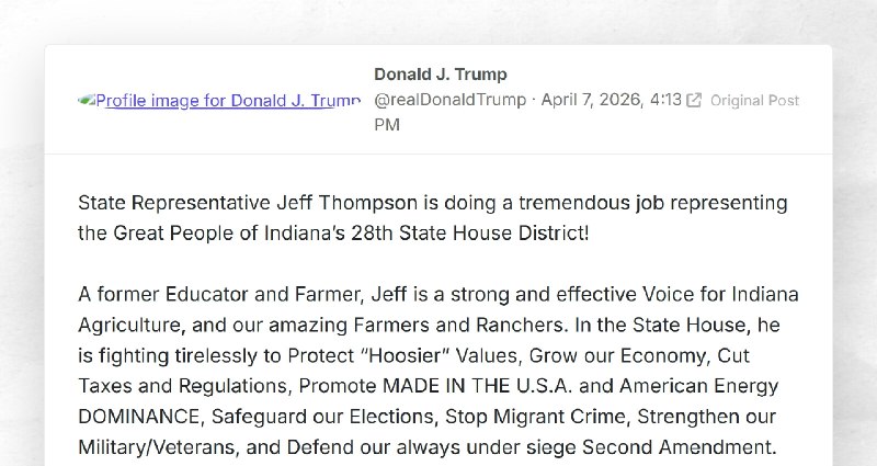 Donald J. Trump: "State Representative Jeff Thompson is doing a tremendous job representing th...