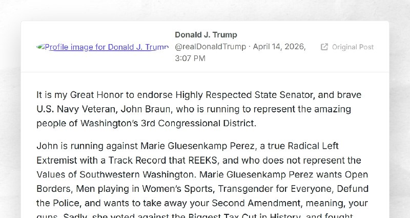 Donald J. Trump: "It is my Great Honor to endorse Highly Respected State Senator, and brave U....