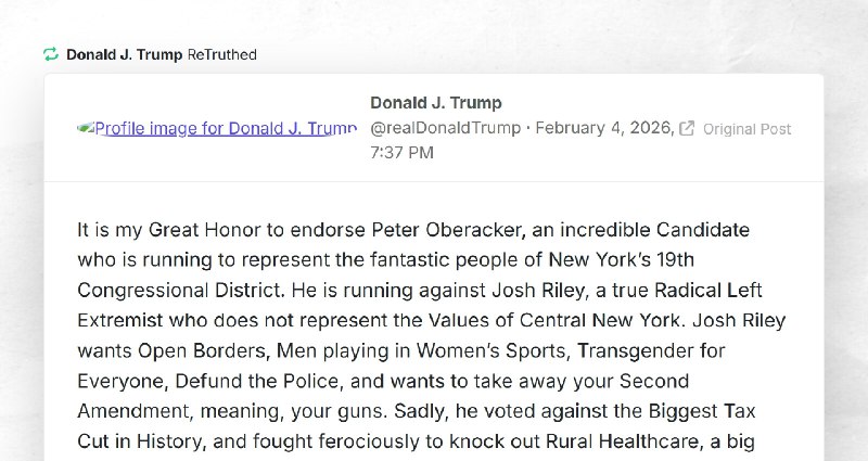 Donald J. Trump: "RT @realDonaldTrumpIt is my Great Honor to endorse Peter Oberacker, an incre...