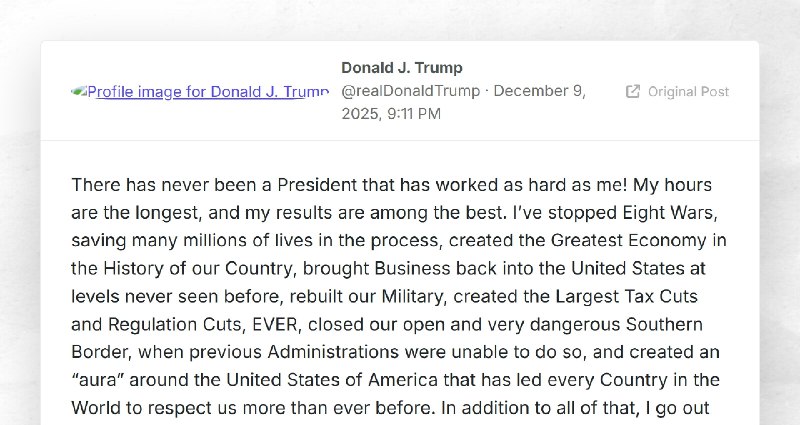 Donald J. Trump: "There has never been a President that has worked as hard as me! My hours are...