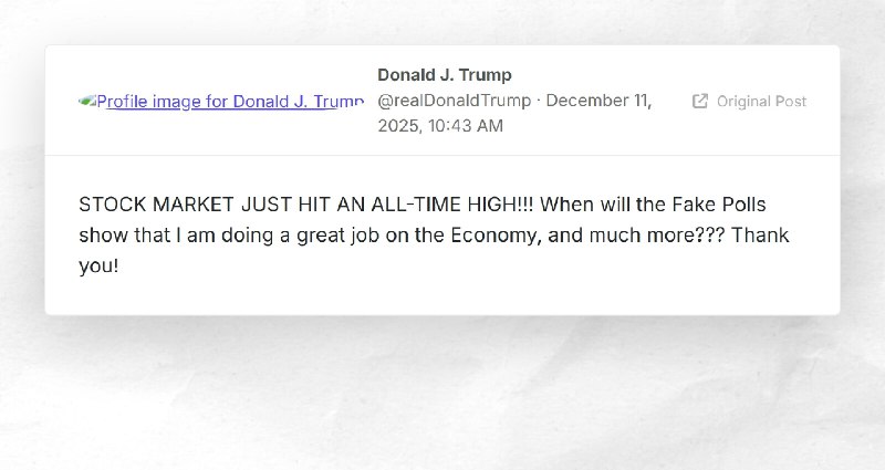 Donald J. Trump: "STOCK MARKET JUST HIT AN ALL-TIME HIGH!!! When will the Fake Polls show that...
