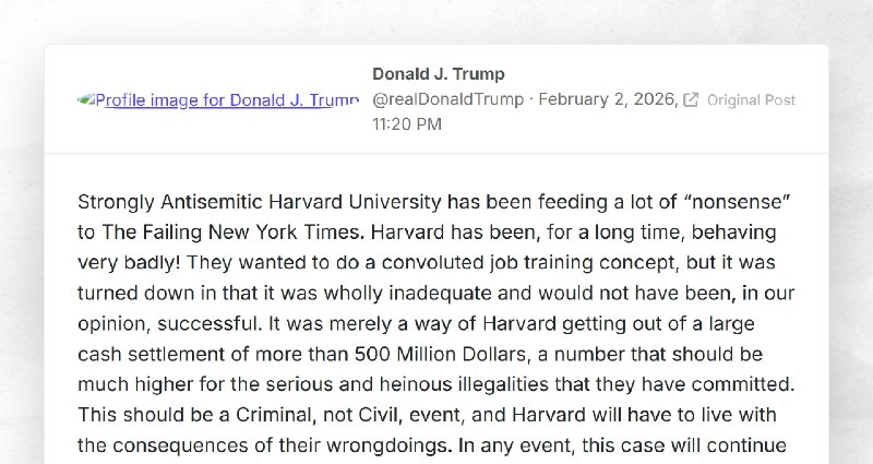 Donald J. Trump: "Strongly Antisemitic Harvard University has been feeding a lot of “nonsense”...