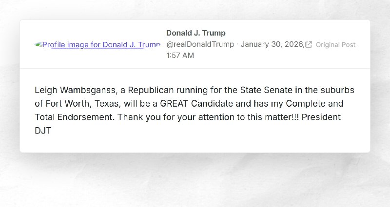 Donald J. Trump: "Leigh Wambsganss, a Republican running for the State Senate in the  suburbs ...